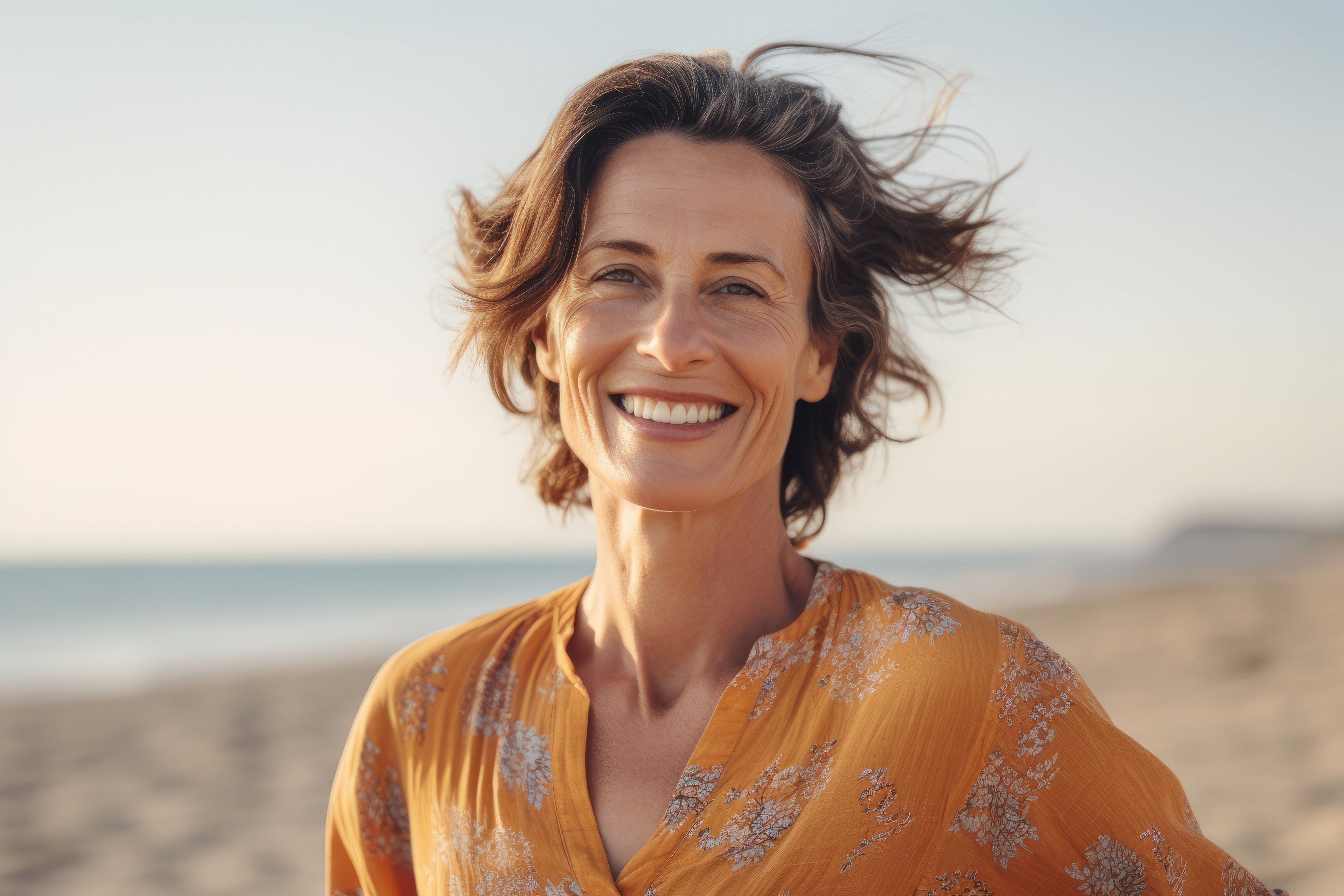 Kobieta w kapeluszu dotykająca włosów, promienie słońca, hasło „Słońce przyspiesza siwienie – chroń włosy od środka” (wizualizacja ochrony UV i włosów)